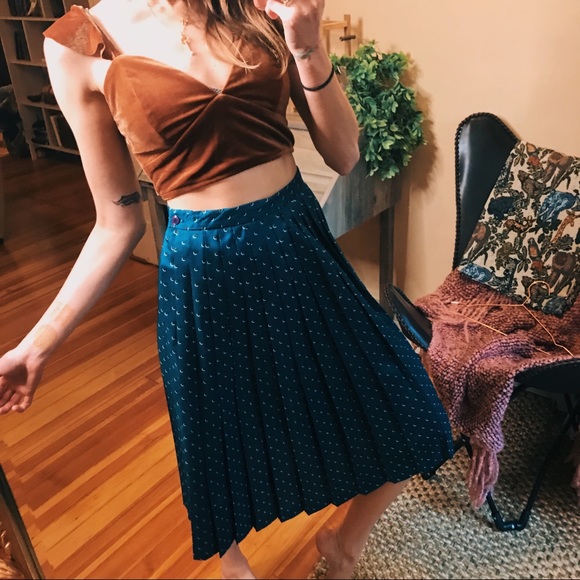 Vintage 100% silk pleated rich teal midi skirt - Picture 4 of 8